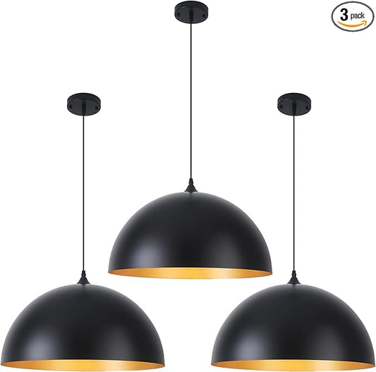 Large Pendant Lights Kitchen Island 3 Packs, 16 inch Black and Gold Dome Pendant Light, Industrial Farmhouse Pendant Lights Fixtures Metal for Kitchen Island, Dining Room, Cafe, Bar