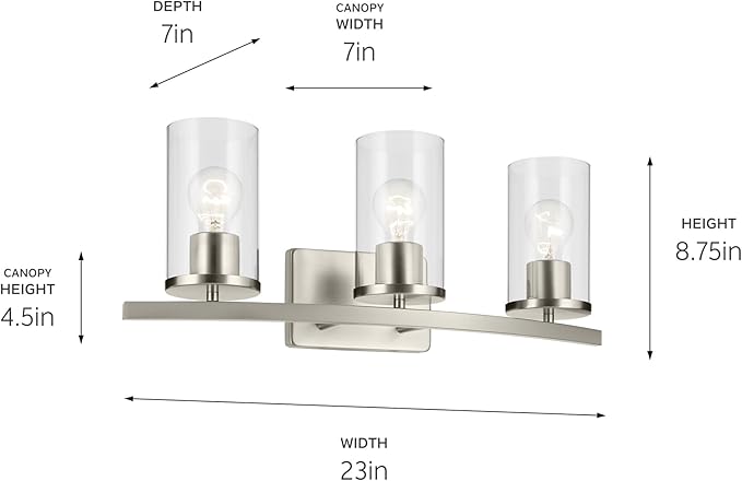 Kichler Crosby 23" 3-Light Bathroom Vanity Light Fixture with Clear Glass in Brushed Nickel for Powder Room and Mirror Lighting, Modern Wall Light (23" x 8.75"), 45497NICLR