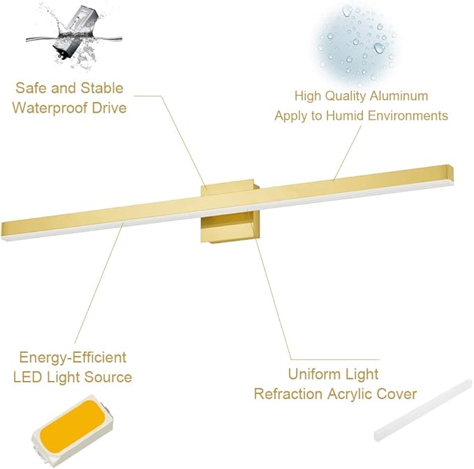 Aipsun Gold Bathroom Light Fixtures 40inch Modern LED Vanity Light for Bathroom Gold Vanity Lights Fixtures 5500K