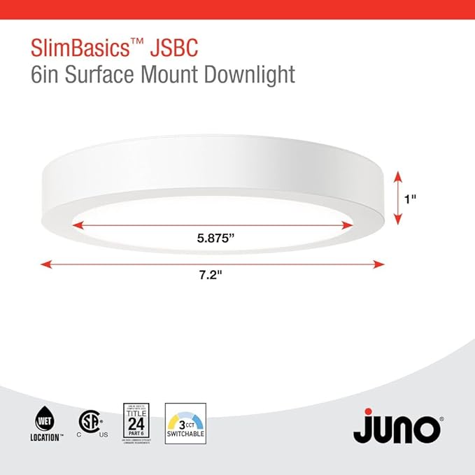 Juno Slim Basics 6 Inch LED Ceiling Light, Low Profile Surface Mount Downlight for Shower or Closet Lighting, 3000K/4000K/5000K Selectable White Light, Edged Trim, Wet Rated, Matte White, 6 Pack
