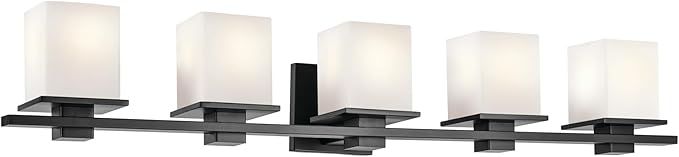 Kichler Tully 5-Light Bathroom Vanity Light Fixture with Satin Etched Cased Opal Glass in Black for Over Mirror, Soft Modern Style Lighting (40.25" x 6.5" x 7"), 45193BK