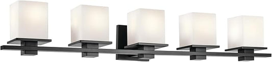 Kichler Tully 5-Light Bathroom Vanity Light Fixture with Satin Etched Cased Opal Glass in Black for Over Mirror, Soft Modern Style Lighting (40.25" x 6.5" x 7"), 45193BK