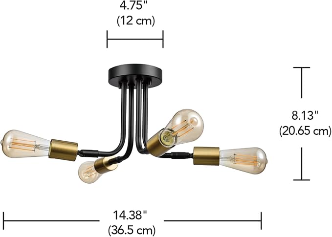 GLOBE Electric 66000072 4-Light Adjustable Socket Semi-Flush Mount Ceiling Light, Matte Black, Matte Brass Accents, Ceiling Light Fixture, Home Improvement, E26 Base, Pivot Joint, Exposed Socket