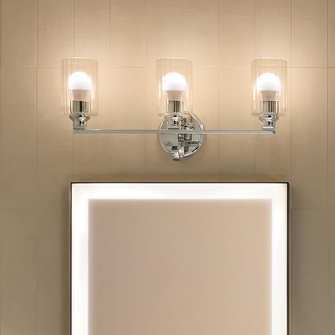 Kichler Gioe 24.25" 3-Light Bathroom Vanity Light Fixture with Clear Fluted Glass in Chrome, Damp Rated for Bathroom Over Mirror, Modern Style (24.25" W x 10.5" H), 55226CHFLU