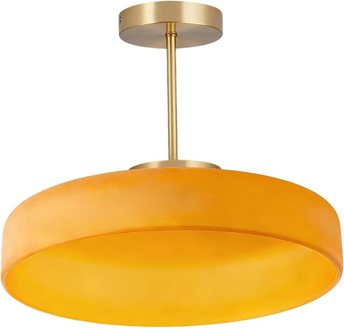 Large Semi Flush Mount Ceiling Light Fixture 13.8" Vintage Glass Ceiling Lights Orange Dome Shade Antique Gold Brass Finish Mid Century Close to Lights for Kitchen Island Hallway