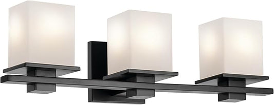 Kichler Tully 24" 3-Light Bathroom Vanity Light Fixture with Satin Etched Cased Opal Glass in Black for Over Mirror, Soft Modern Style (24" x 6.5" x 7"), 45151BK