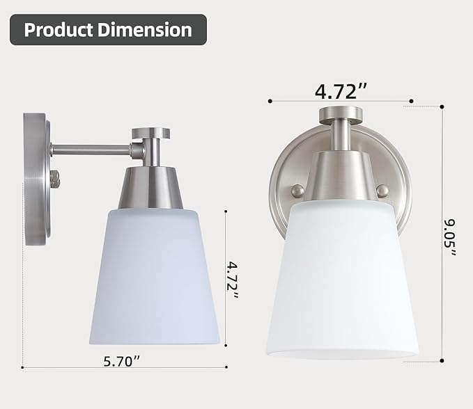 1-Light Bathroom Vanity Light Set of 2, Brushed Nickel Finish Wall Sconce with Milk Glass, Over Mirror, for Bathroom Vanity