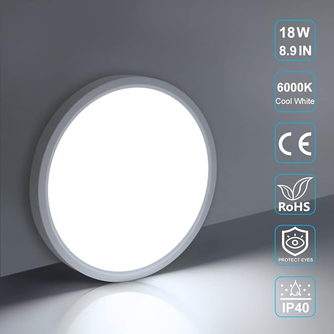 LightingWill 8.9 Inch LED Flush Mount Ceiling Light Fixture, 6000K Cool White, 1800LM, 18W, Flat Modern Round Lighting Fixture, 180W Equivalent White Ceiling Lamp for Kitchens, Bedrooms.etc.