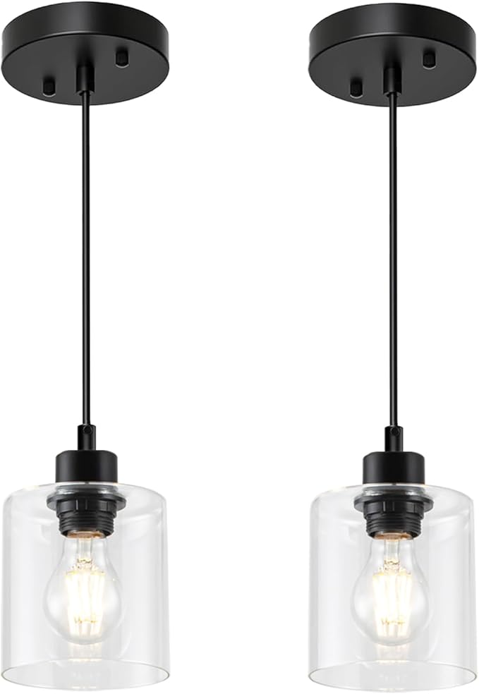 1 Light Hanging Pendant Light Fixtures, Adjustable Black Pendant Lights Kitchen Island, Modern Farmhouse Light Fixtures for Dining Room, Clear Glass Shade, E26 Base, 2 Packs