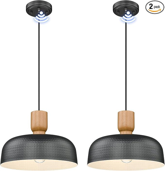 2 Pack Industrial Pendant Lights 2 Pack Blue, 12.4 inch Farmhouse Pendant Light with Dusk to Dawn Sensor, Adjustable Hanging Light Fixtures with Hammered Metal Shade for Kitchen Island