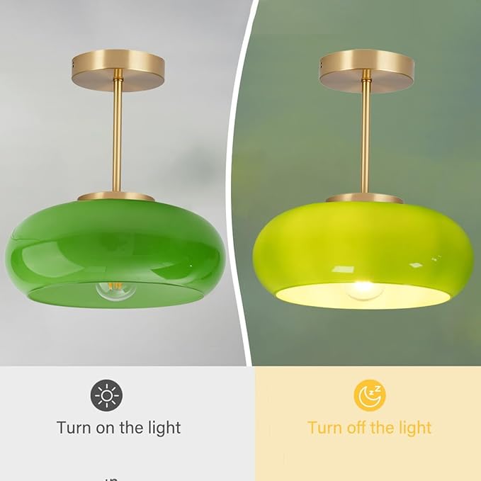 Green Glass Ceiling Light - Mid Century Modern Semi Flush Mount with Green Dome Glass Shade and Gold Brass Finish - Vintage Hallway Light Fixture Hallway Dining Room Kitchen Sink