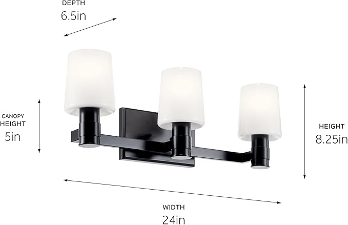 Kichler Adani 3-Light Bathroom Vanity Light Fixture, Modern Wall Lighting with Opal Glass in Black for Bathroom or Powder Room Over Mirror (8.25" x 24"), 55176BK
