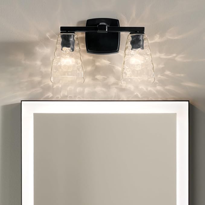 Kichler Marant 2-Light Bathroom Vanity Light Fixture with Clear Water Glass in Black, Modern Wall Mount Light for Powder Room Over Mirror (14.25 x 9.5 in), 55215BKWTR