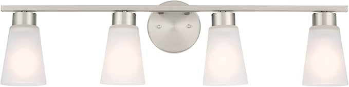 Kichler Stamos 4-Light Bathroom Vanity Light Fixture with Satin Etched Glass Shades, 26 in Modern Wall Light in Brushed Nickel for Bathroom Mirror (26 in x 8 in x 5 in), 55122NI