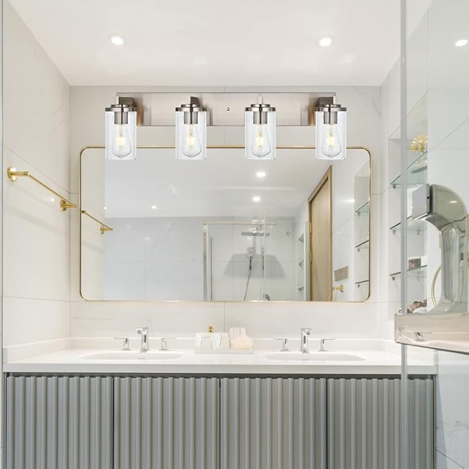BONLICHT 4-Light Bathroom Light Fixtures Brushed Nickel Wall Sconce Lighting Modern Vanity Lights with Seeded Glass, Industrial Bathroom Farmhouse Wall Lamp for Mirror Kitchen Bedroom Living Room