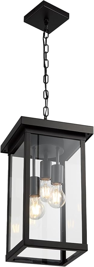 LOUSACE 3-Light Outdoor Pendant Light for Porch, 16'' Large Exterior Hanging Pendant Light Fixture Black Outdoor Chandelier with Clear Glass, Outside Porch Light for Front Door Entrance Balcony Foyer