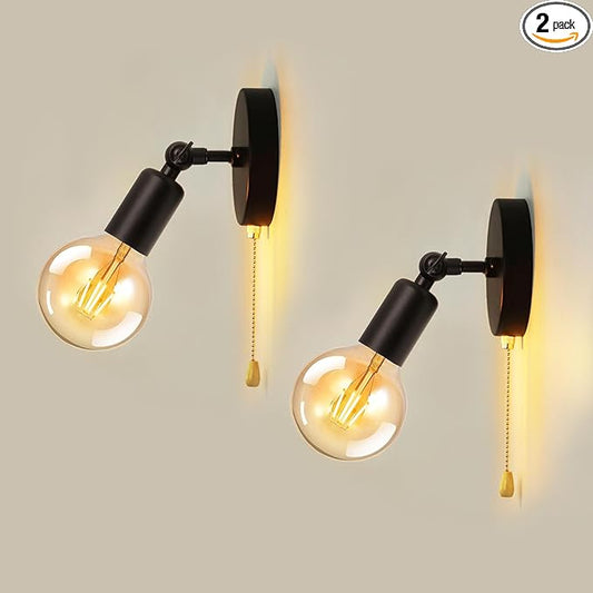 2-Pack Pull Chain Wall Sconce Adjustable, Hardwired Wall Light Fixtures with Switch Indoor E26 Small Black Sconces with Pull Switch for Kitchen Bedroom Hallway, No Bulb