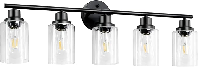 5-Light Black Bathroom Vanity Lights, E26 Modern Bathroom Light Fixtures with Clear Glass Shade, Mirror Kitchen Hallway Cabinet Living Room Sconces Wall Lights