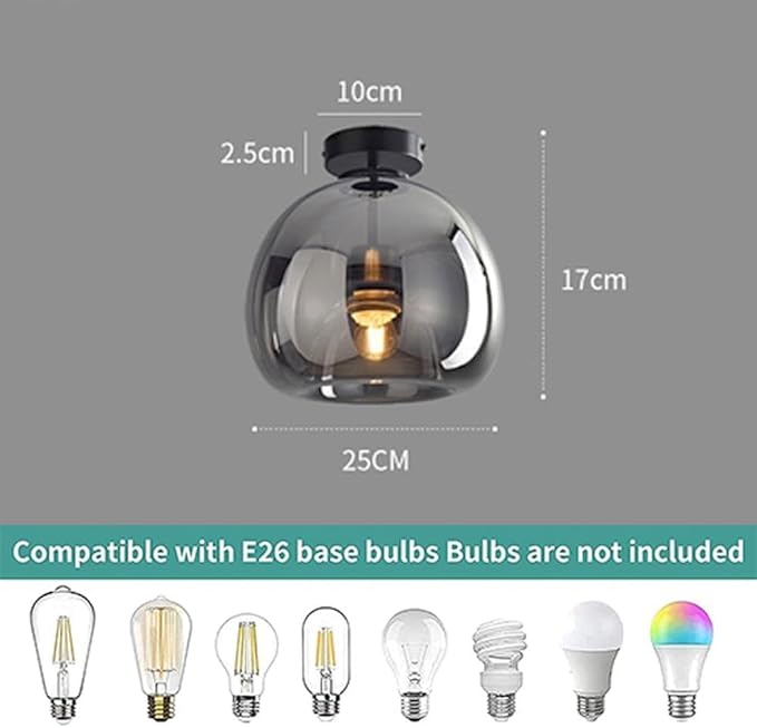 Nordic Mid Century Corridor Globe Semi Flush Mount Ceiling Light Fixture Amber Smoke Grey Glass Ceiling Lighting Simple Mini Ceiling Lamp for Aisle Porch Stairway Closet Kitchen