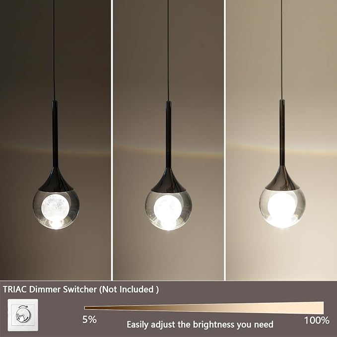 2 Packs Modern Crystal Pendant Light Chrome Globe Ceiling Hanging Light Fixture Moon Teardrop Kitchen Island Light Dimmable LED Mini Chandelier for Dining Room Bedroom Living Room, 3000K