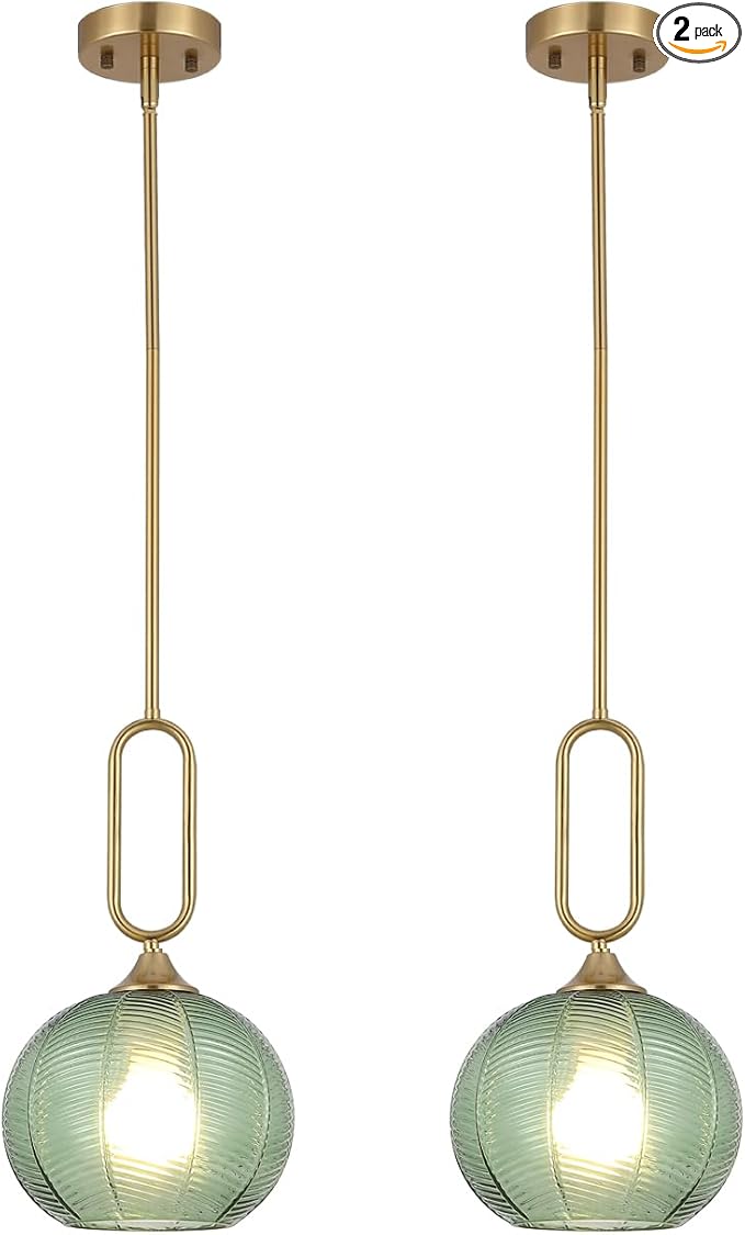 Green Glass Pendant Light Set of 2 Modern Globe Pendant Lighting Nordic Ribbed Gold Ceiling Hanging Chandelier with Brushed Brass Adjustable Rods Dining Room Kitchen Island Light Fixture