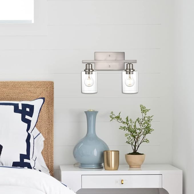 VINLUZ Modern Bathroom Vanity Light,2 Light Industrial Wall Sconces in Brushed Nickel Finish Indoor Metal Base Wall Mounted Fixture with Clear Glass Shade