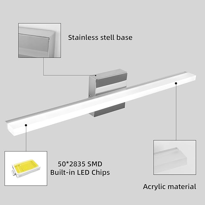 LED Bathroom Vanity Light 24inch Over Mirror Lighting Fixture Modern Indoor Chrome 12W 5000K Cool White Wall Sconce for Bathroom Bedroom Living Room