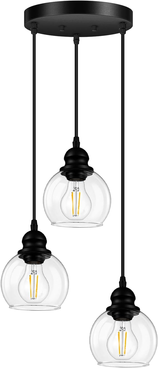 3-Light Pendant Light, Hanging Ceiling Lamp with Clear Glass Shade, Matte Black Pendant Lighting Adjustable Height Industrial Retro Style Hanging Light, for Kitchen Island Bedroom(E26 Base,No Bulb)