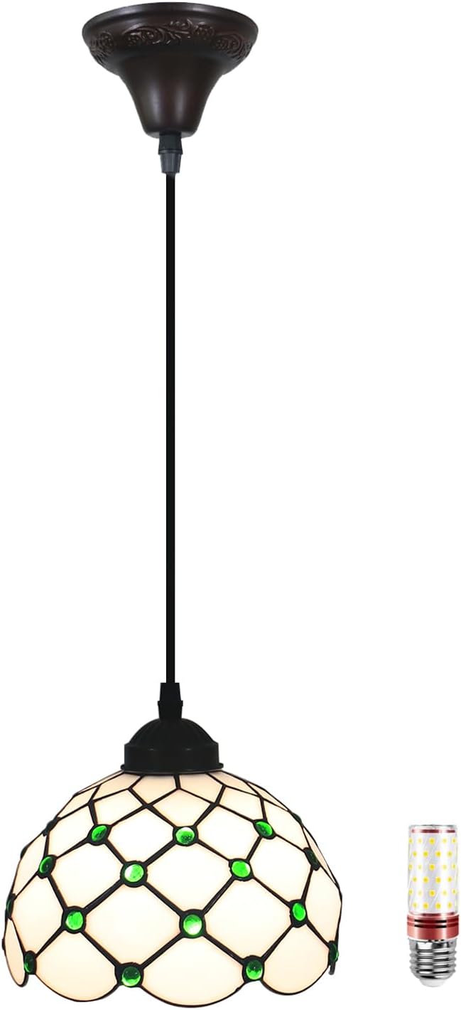 Pendant Lights Green Amber Bead Stained Glass Hanging Lamp Adjustable Lamp for Dinning Room, 8 Inch Hanging Lights for Kitchen, Living Room, Foyer