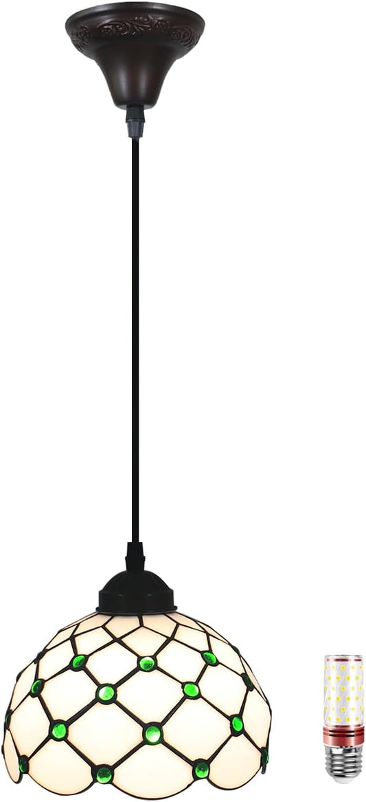 Pendant Lights Green Amber Bead Stained Glass Hanging Lamp Adjustable Lamp for Dinning Room, 8 Inch Hanging Lights for Kitchen, Living Room, Foyer