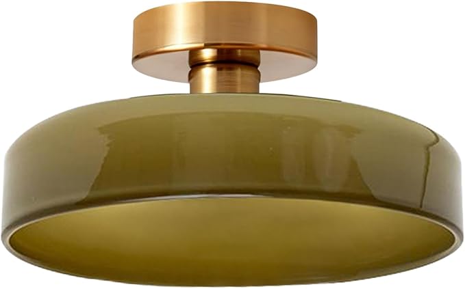 Dome Flush Mount Ceiling Light Mid Century Modern Semi Flush Mount Ceiling Light fixtures with Green Round Glass Shade Brushed Gold Brass Flush Mount Lights for Hallway Dining Room