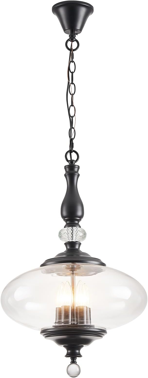 Farmhouse Black Pendant Light 5-Light Clear Glass Chandelier with Adjustable Chain W 15.74 in Kitchen Island for Dining Room