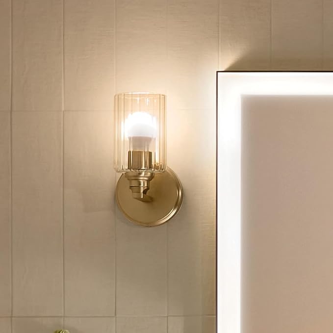 Kichler Gioe 5" 1-Light Wall Sconce Bathroom Vanity Light with Clear Fluted Glass in Champagne Bronze, Damp Rated for Powder Room, Kitchen, Hallway, Bedroom (5" W x 9.5" H), 55224CPZFLU
