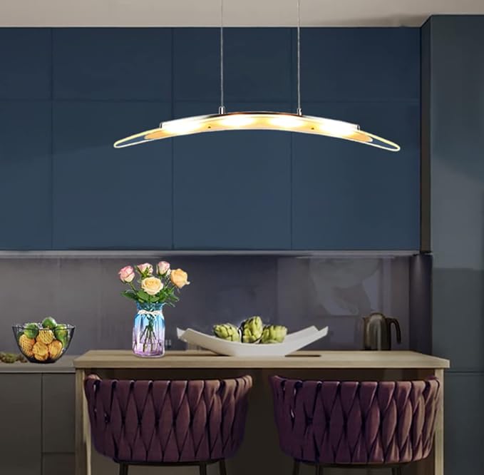 YIFONTIN LED Pendant Light Chandelier Streamlined Cambered Glass Hanging Lamp 31.5“ 18W Warm Colored Height Adjustable for Kitchen Island Dining Study Room Restaurant Housewarming, Satin Nickel.