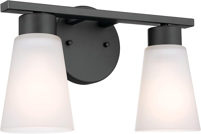 Kichler Stamos 2-Light Bathroom Vanity Light Fixture with Satin Etched Glass Shades, Modern Wall Light in Black for over Mirror Lighting Installation, 13 in x 8 in x 5 in, 55120BK