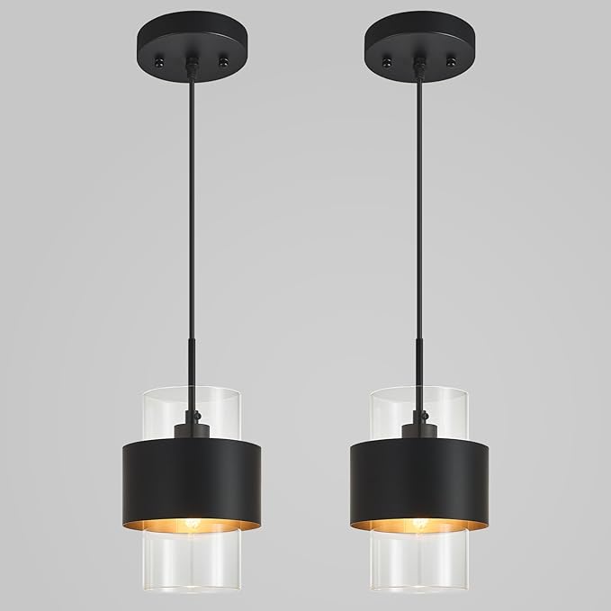 Modern Black Pendant Lighting Indoor Kitchen Island Pendant Light Glass Shade Ceiling Light Fixtures for Bedroom Dining Room Living Room(2-Pack)