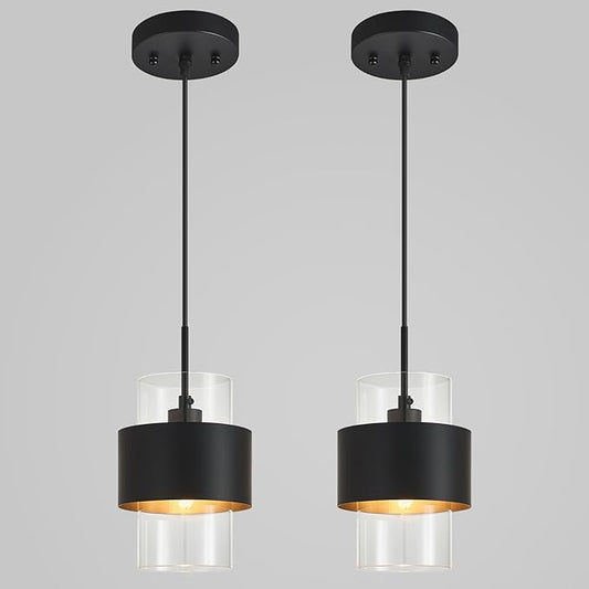 Modern Black Pendant Lighting Indoor Kitchen Island Pendant Light Glass Shade Ceiling Light Fixtures for Bedroom Dining Room Living Room(2-Pack)