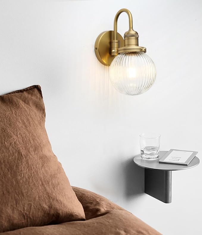 Industrial Vintage 1-Light Wall Sconce with 5.9" Round Ribbed Clear Glass Globe Lampshade, U-Shaped Indoor Wall Mounted Lamp Fixture for Bedroom Living Room Bathroom Vanity