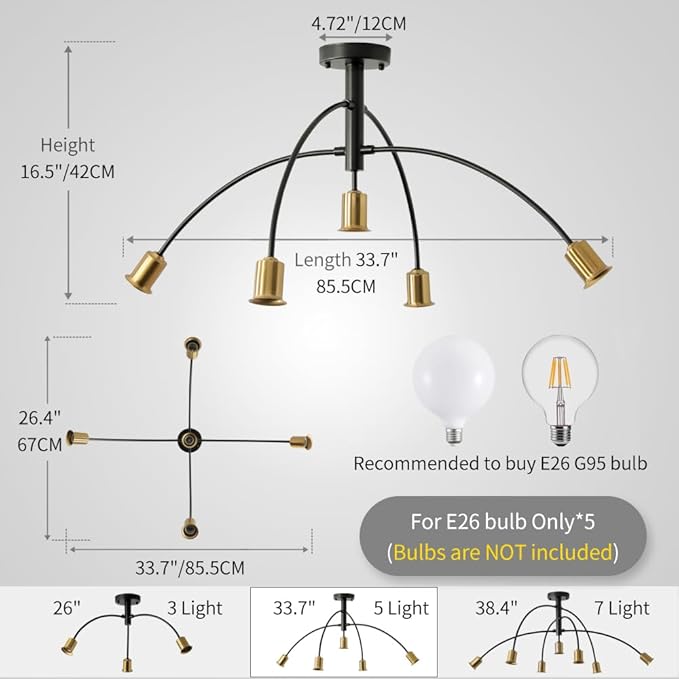 Mid Century Semi Flush Mount Dining Room Ceiling Light Fixture,Modern 5 Light Gold and Black Sputnik Kitchen Island Chandelier for Living Room Bedroom