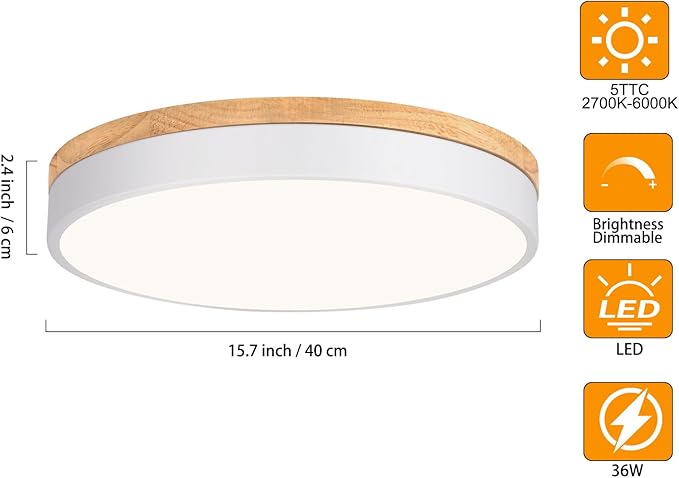 Yiisem Dimmable Wood LED Flush Mount Ceiling Light, 5CCT 2700K-6000K Modern Round Close to Ceiling Lighting Fixtures, Minimalist White Ceiling Lamp for Living Room, Bedroom, Laundry Room