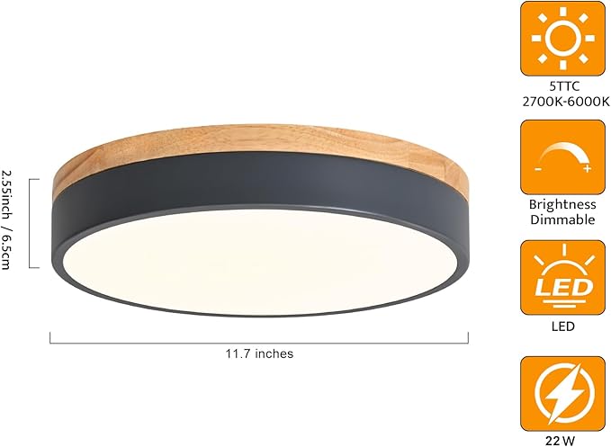 Yiisem Dimmable Wood LED Flush Mount Ceiling Light, 5CCT 2700K-6000K Modern Round Close to Ceiling Lighting Fixtures, Minimalist Grey Ceiling Lamp for Bedroom, Kitchen, Laundry Room, Hallway, 11.7 in