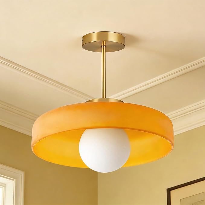 Large Semi Flush Mount Ceiling Light Fixture 13.8" Vintage Glass Ceiling Lights Orange Dome Shade Antique Gold Brass Finish Mid Century Close to Lights for Kitchen Island Hallway