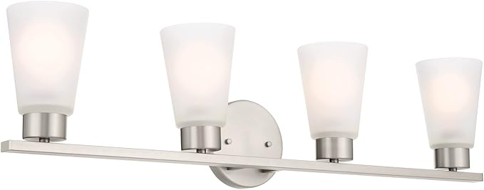 Kichler Stamos 4-Light Bathroom Vanity Light Fixture with Satin Etched Glass Shades, 26 in Modern Wall Light in Brushed Nickel for Bathroom Mirror (26 in x 8 in x 5 in), 55122NI