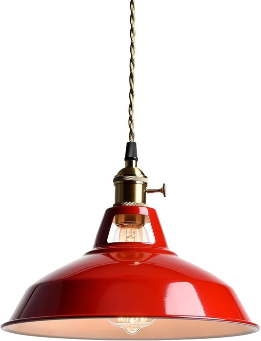 CLAXY Industrial Modern Pendant Light Kitchen Island Red Metal Barn Hanging Light Fixture Height Adjustable E26 Based Light for Kitchen, Loft, Dining, Foyer, Cafe, Bar