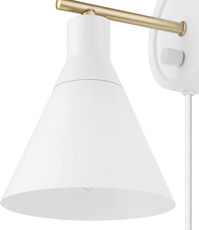 Globe Electric 65542 1-Light Plug-in or Hardwire Wall Sconce, Matte White, Brass Accent, Stepless Dimming Rotary Switch, Fabric Cord, Modern Lighting for Apartment or Renters, Home Decor