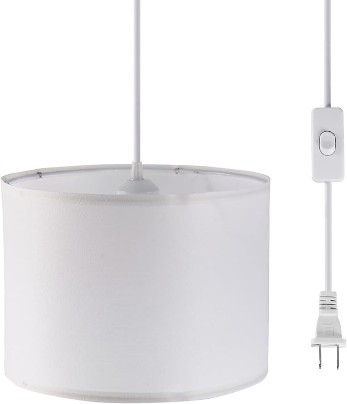 KUAUGST Plug in Pendant Light, 15 FT Hanging Lamp with Plug in Cord, On/Off Switch, Pendant Lighting with Fabric Shade, Hanging Light Fixture for Living Room, Bedroom, Dining Room, Kitchen (White)