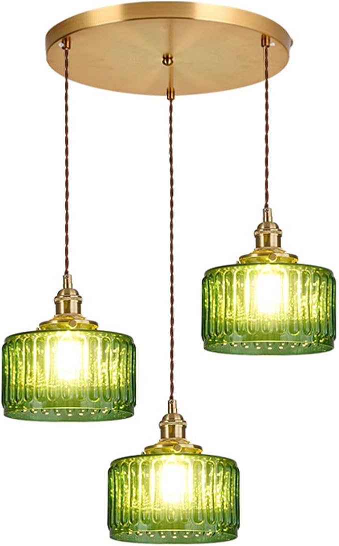 3-Light Modern Chandelier Pendant Light - Mid Century Sputnik Glass Globe With Green Striped Shade, Gold Adjustable Ceiling Lamp for Dining Room
