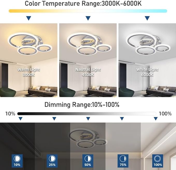 Dimmable Modern Led Ceiling Light 3 Rings Dimming Circle Modern Living Room Light Fixture Chrome Acrylic Flush Mount Ceiling Light with Remote for Bedroom Bathroom Kitchen Balcony Corridor