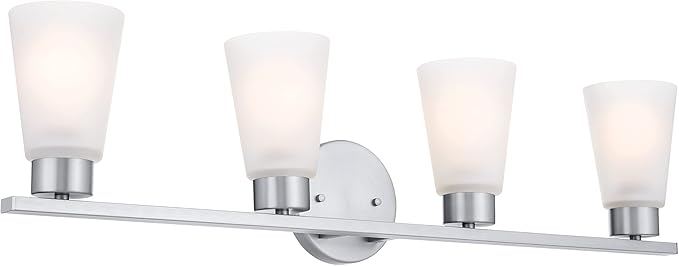 Kichler Stamos 4-Light Bathroom Vanity Light Fixture with Satin Etched Glass Shades, 26 in Modern Wall Light in Brushed Nickel for Bathroom Mirror (26 in x 8 in x 5 in), 55122NI