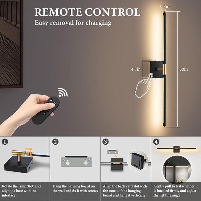 SAIMAND Wall Sconces Set of Two Battery Operated, Wireless USB Rechargeable Wall Lights with Remote, 8000mAh Dimmable LED 3 Color Dimmable Living Room for Bedroom,Hallway,Picture Lamp (30in Black)